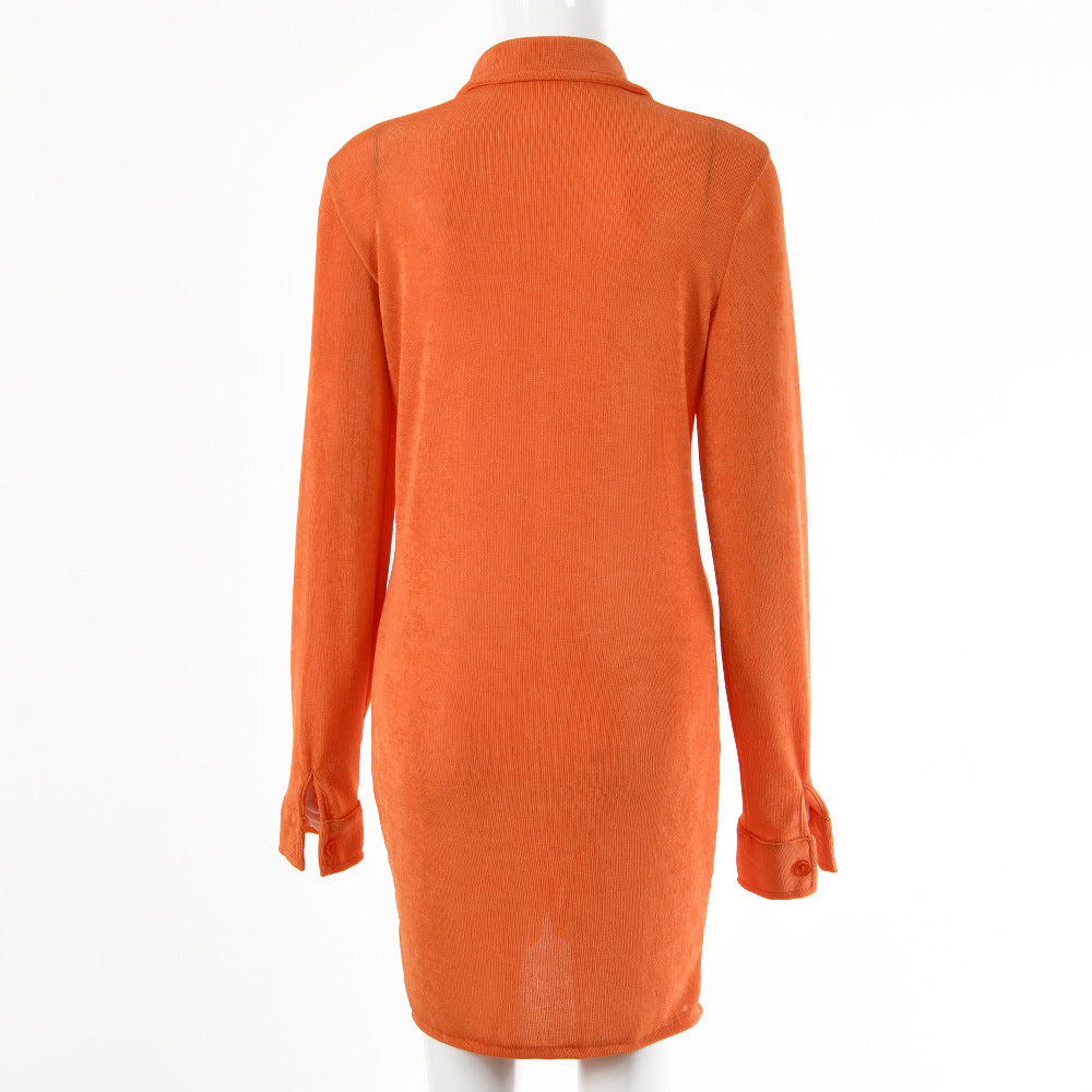 Sexy Long-Sleeved Lapel Single-Breasted Pleated Cardigan Dress