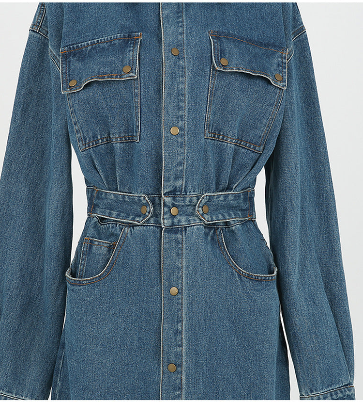 Korean style slim denim dress female waist single breasted