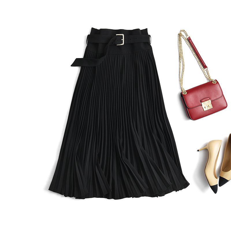 Small people wear high-waisted pleated skirt women's midi skirt