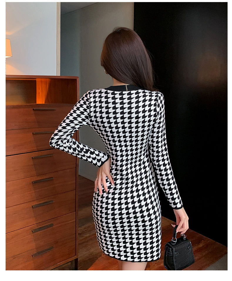 Check Colorblock Single Breasted Knit Pack Hip Dress