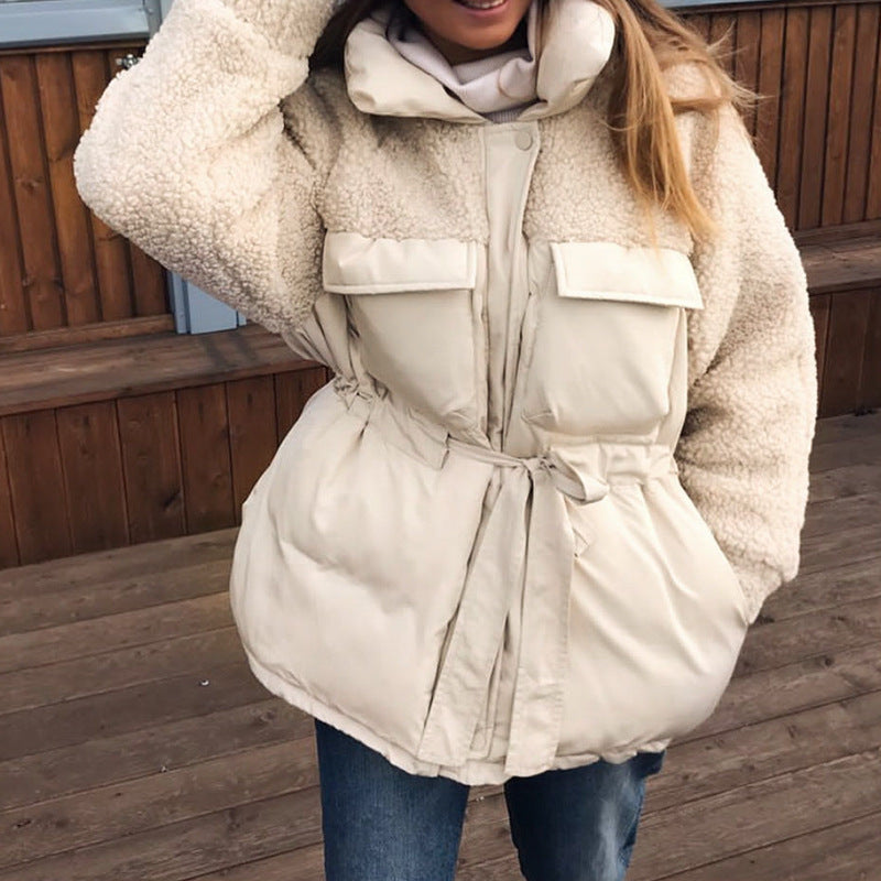 Belt stitching thick warm jacket fashion all-match casual coat