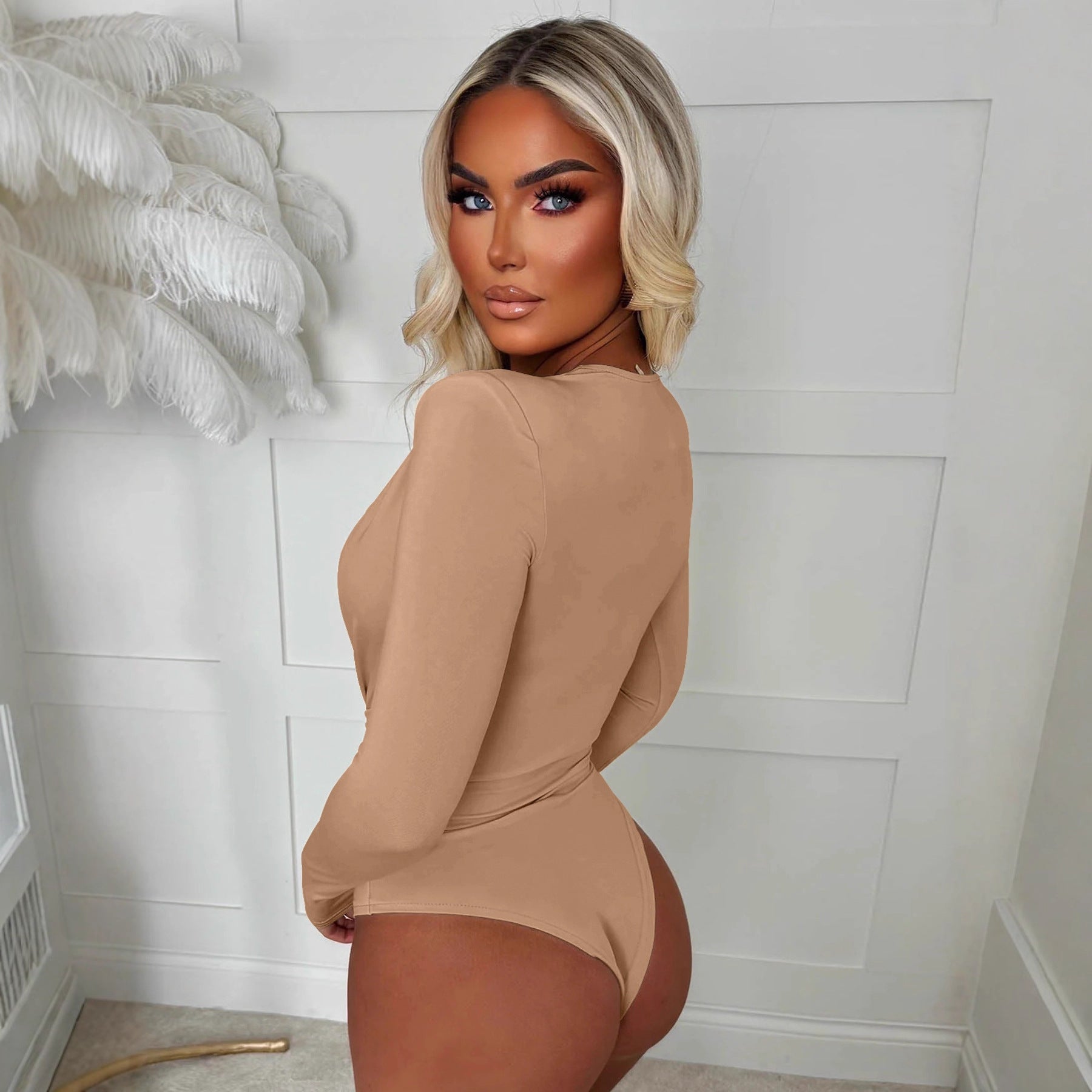 Fashion V-neck Tight Long-sleeved Bodysuit