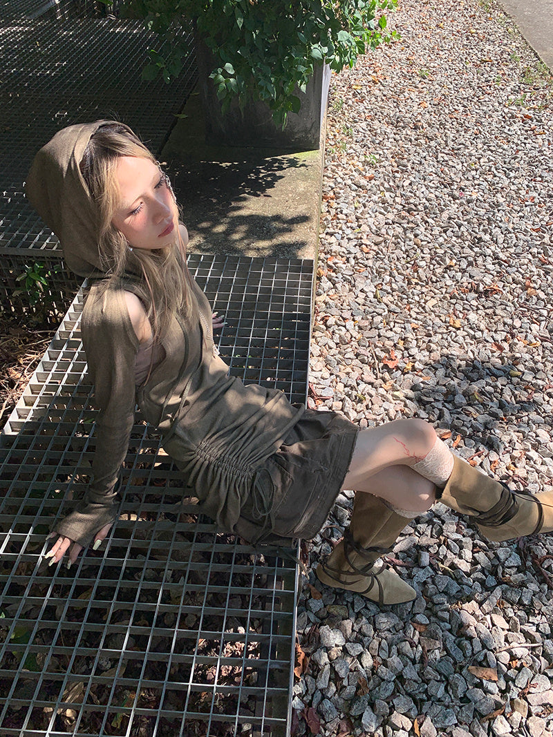 Hooded Fried Open-Back Side Drawstring Dress