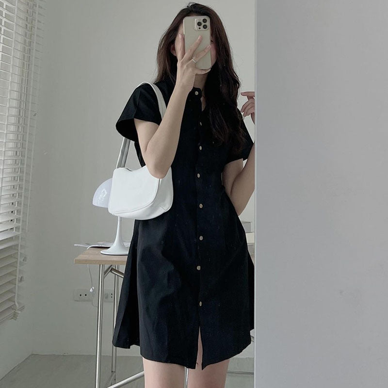 Single Breasted Waist Closing Thin Short Sleeved Shirt Small Dress
