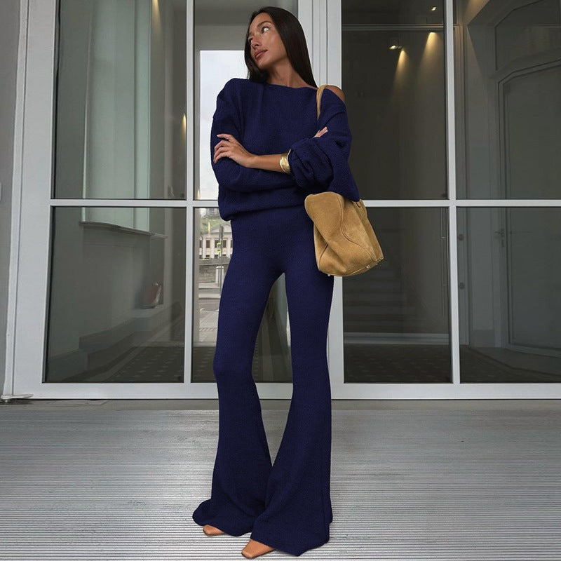 Instagram-style Off-shoulder Long-sleeve High-waist Flared Pants Fashionable Women's Suit