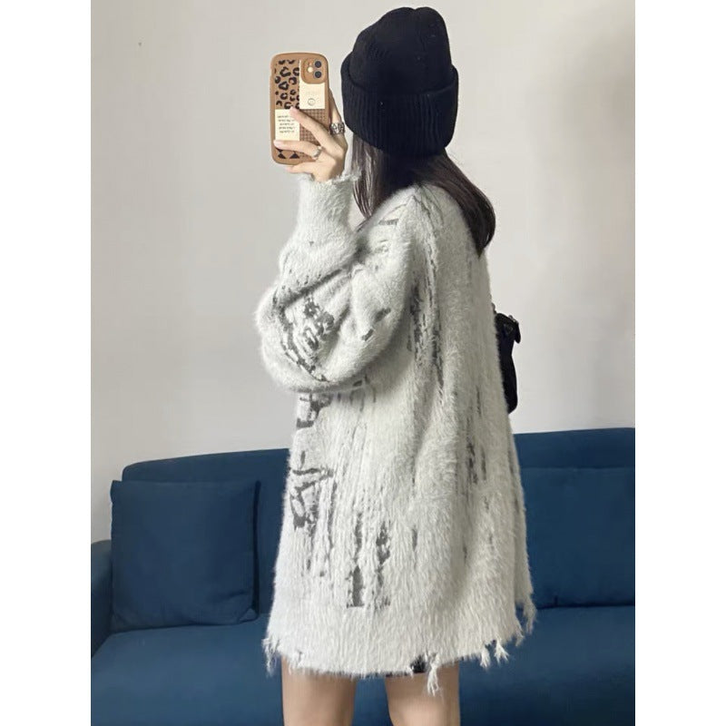 Printed Sweater Coat Mink-like Cut Loose Casual