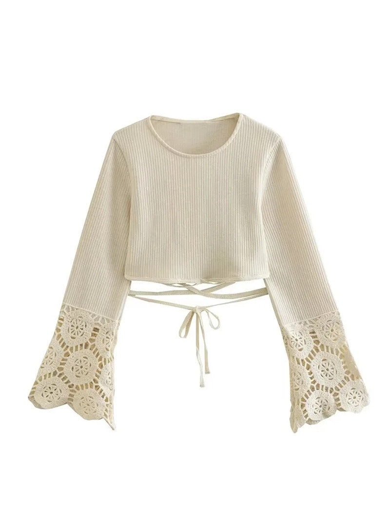 Crochet Solid Color Lace-up Top Back Slit Half Skirt Suit