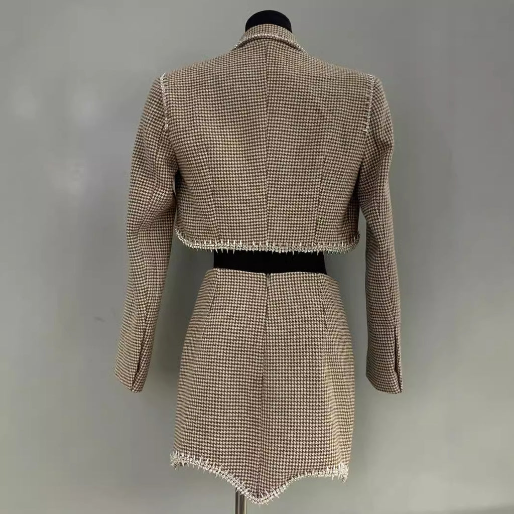 Retro Houndstooth Short Suit Coat Set