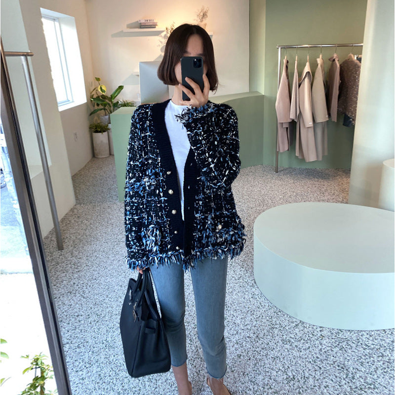 Women's Knitted Fringed Fringe Melange Sweater Coat