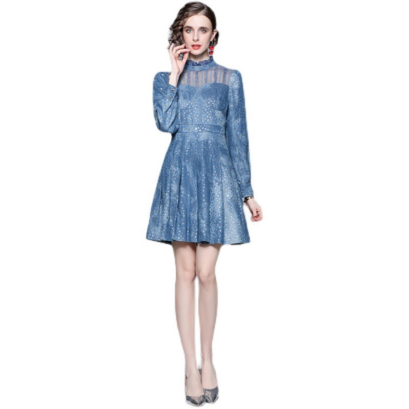 Stand Collar Long Sleeve Sheer Mesh Panel Sliding Denim Dress