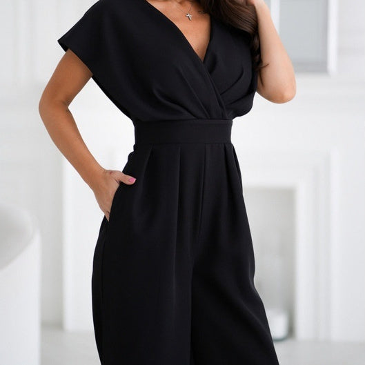 V-neck Solid Color Waist Tight Jumpsuit