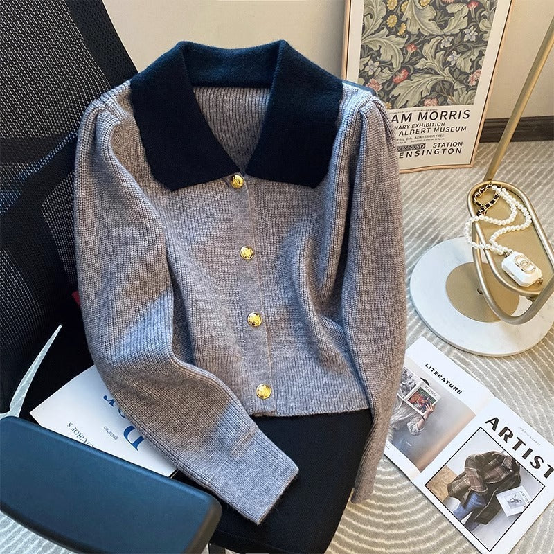 Fashionable Simple Breasted Lapel Short Sweater