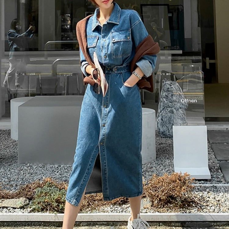 Korean style slim denim dress female waist single breasted