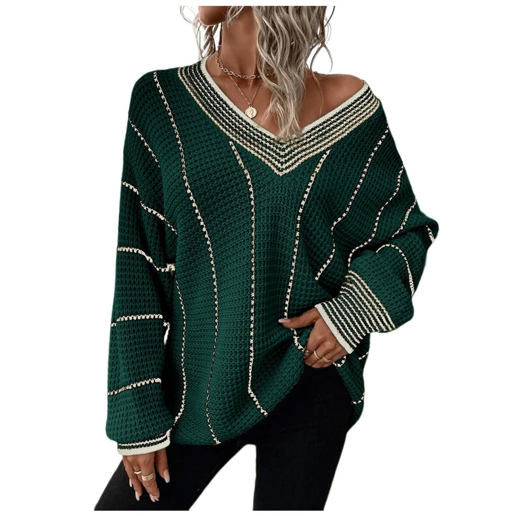 Autumn And Winter Knitted V-neck Striped Sweater