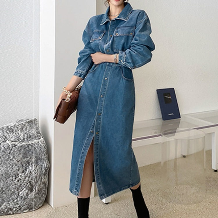 Korean style slim denim dress female waist single breasted