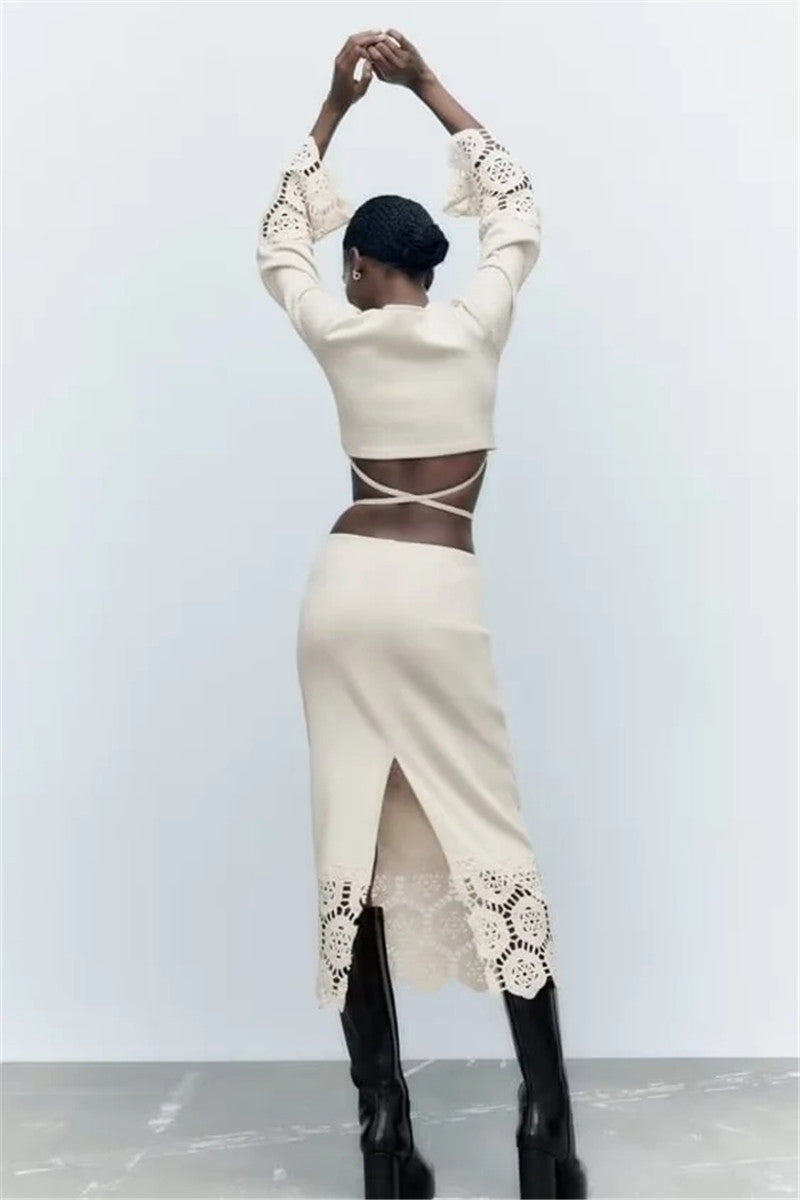 Crochet Solid Color Lace-up Top Back Slit Half Skirt Suit