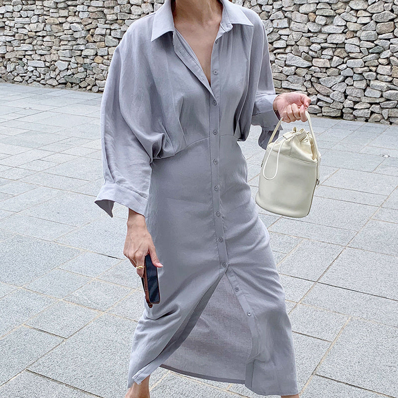 Single-Breasted Waist Slimming Over-Knee Loose Shirt Dress