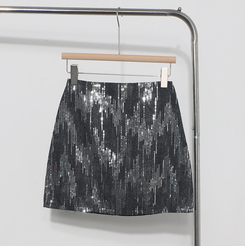 Hot Girl High Waist A- Line Sequined Skirt Shiny Skirt