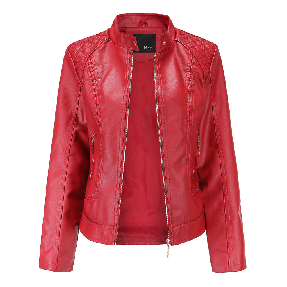 Women's stand collar PU leather jacket
