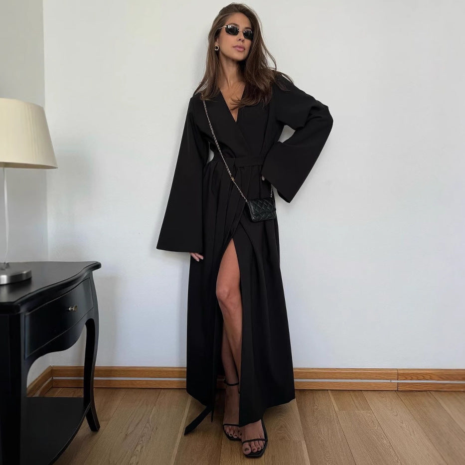 Long Slit Long Sleeve Lace-up Dress