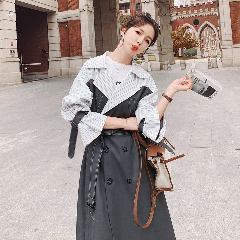 Striped Stitching Mid-length Windbreaker Women