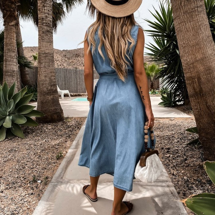 Single Breasted Denim Dress Without Sleeve Length And Lace Up