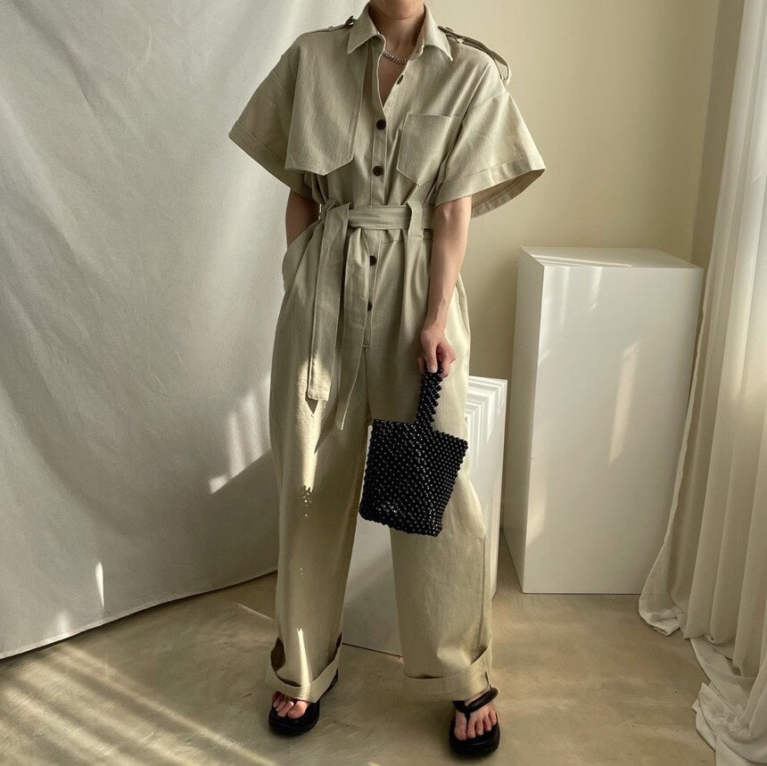 Temperament Lapel Single Breasted Lace Up Waist Multi Pocket Tooling Wide Leg Jumpsuit