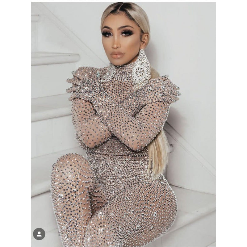 Cross Diamond Stretch Tight Jumpsuit European And American Bar DS Costume Dance