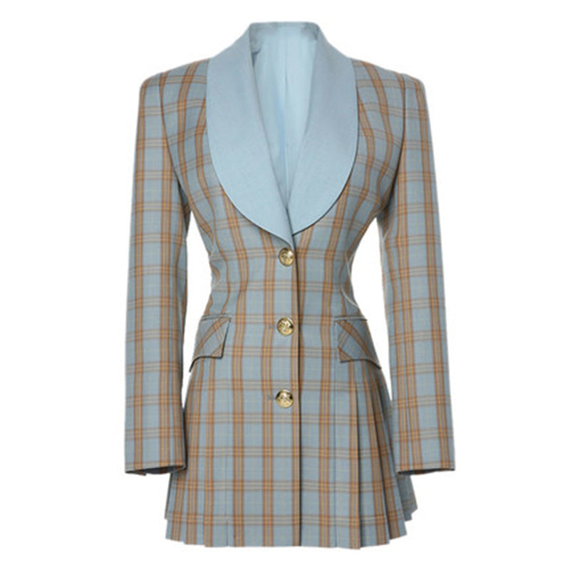 Retro Plaid Suit Single-breasted Pleated Dress Temperament Professional Wear