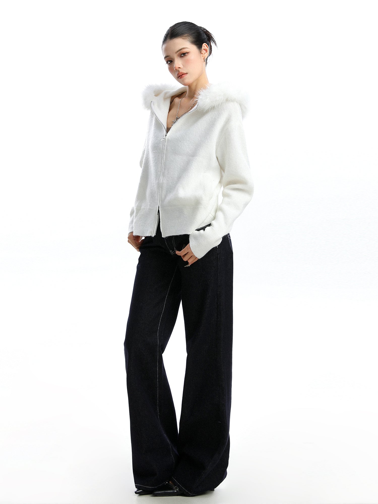 Women's Zipper Cardigan Beige Fur Collar Hood Coat