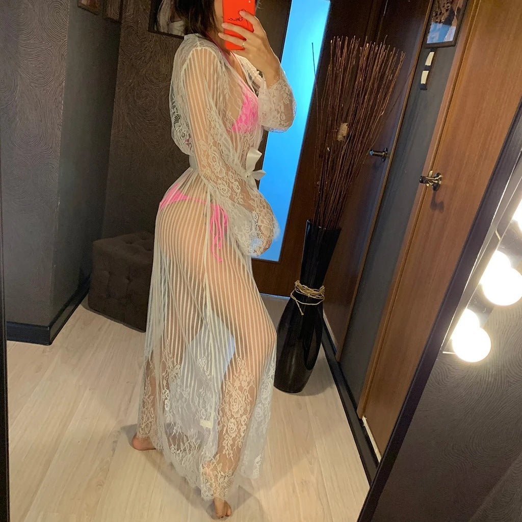 Lace Mesh Sling See-Through Home Long Dress