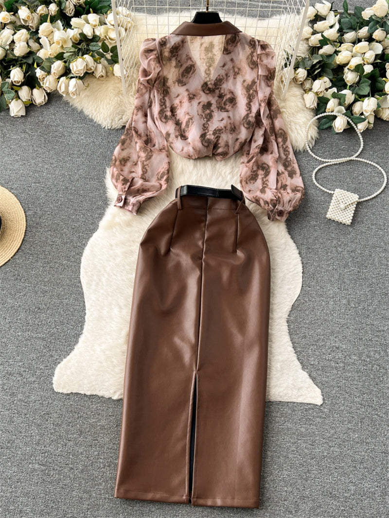 Suit Collar Floral Chiffon Shirt High Waist Tight PU Leather Half-body Skirt Set