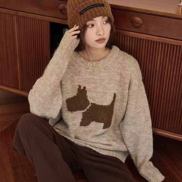 Idle Style Round Neck Loose Puppy Pattern Pullover Sweater For Women