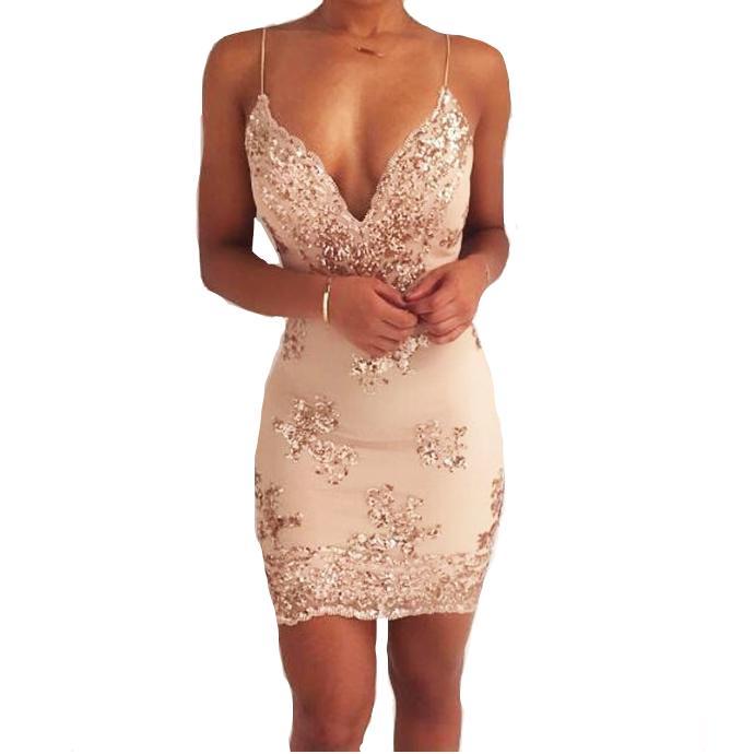 Summer sequins nightclub short skirt dress deep V-neck sexy halter strap dress