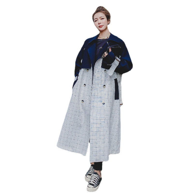Women's Windbreaker Korean Style Hit Color Double-breasted Plaid Fashion Mid-length Coat
