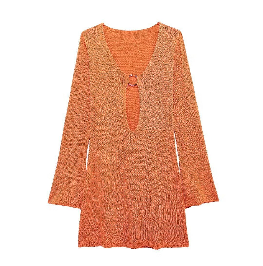 Summer Lady Temperament Fashion Deep V-neck Hollow Knitted Dress