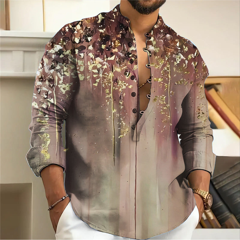 Young Casual Thin Printed Long Sleeve Stand Collar Men's Shirt