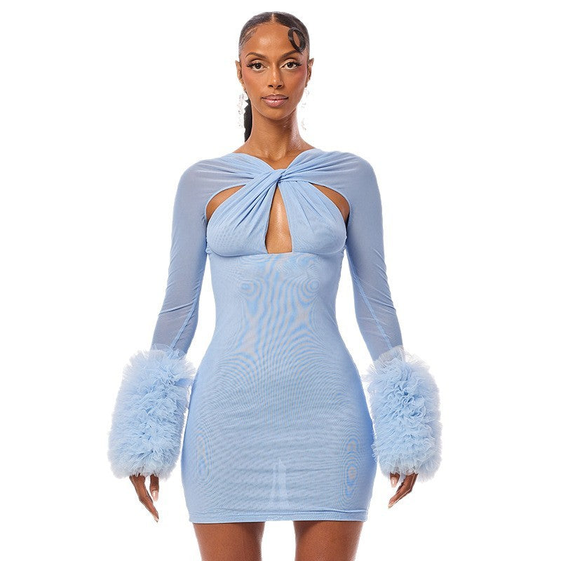 Mesh Cross Hollow-out Long Sleeve Plush Sleeve Slim-fit Sheath Dress