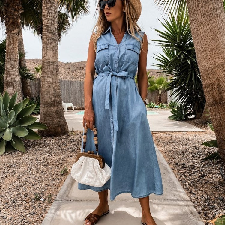 Single Breasted Denim Dress Without Sleeve Length And Lace Up