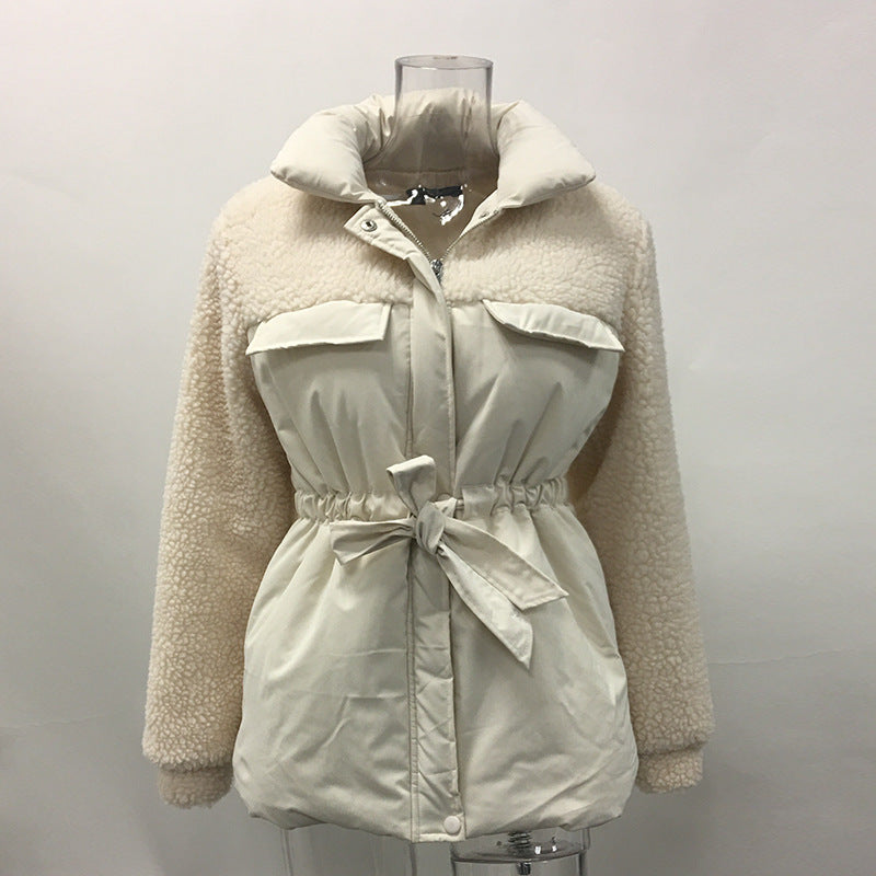 Belt stitching thick warm jacket fashion all-match casual coat