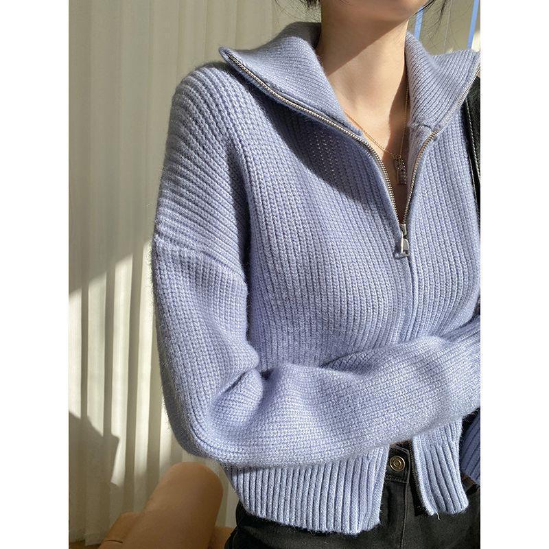 Sweater Small Cardigan Women's Short Preppy Style Stand Collar Zipper Sweater Spring And Autumn Thin Sweater