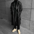 Men's Mid-length Double-breasted Leather Jacket Slim-fit Korean Handsome Windbreaker