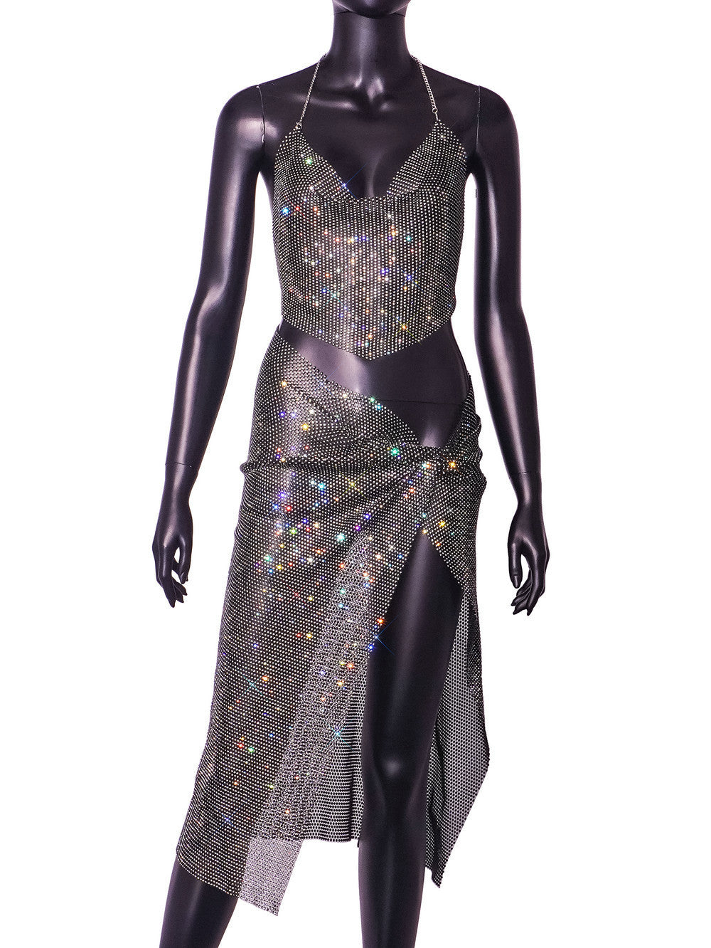 Women's Fashion Hollowed-out Fishnet Rhinestone See-through Suit