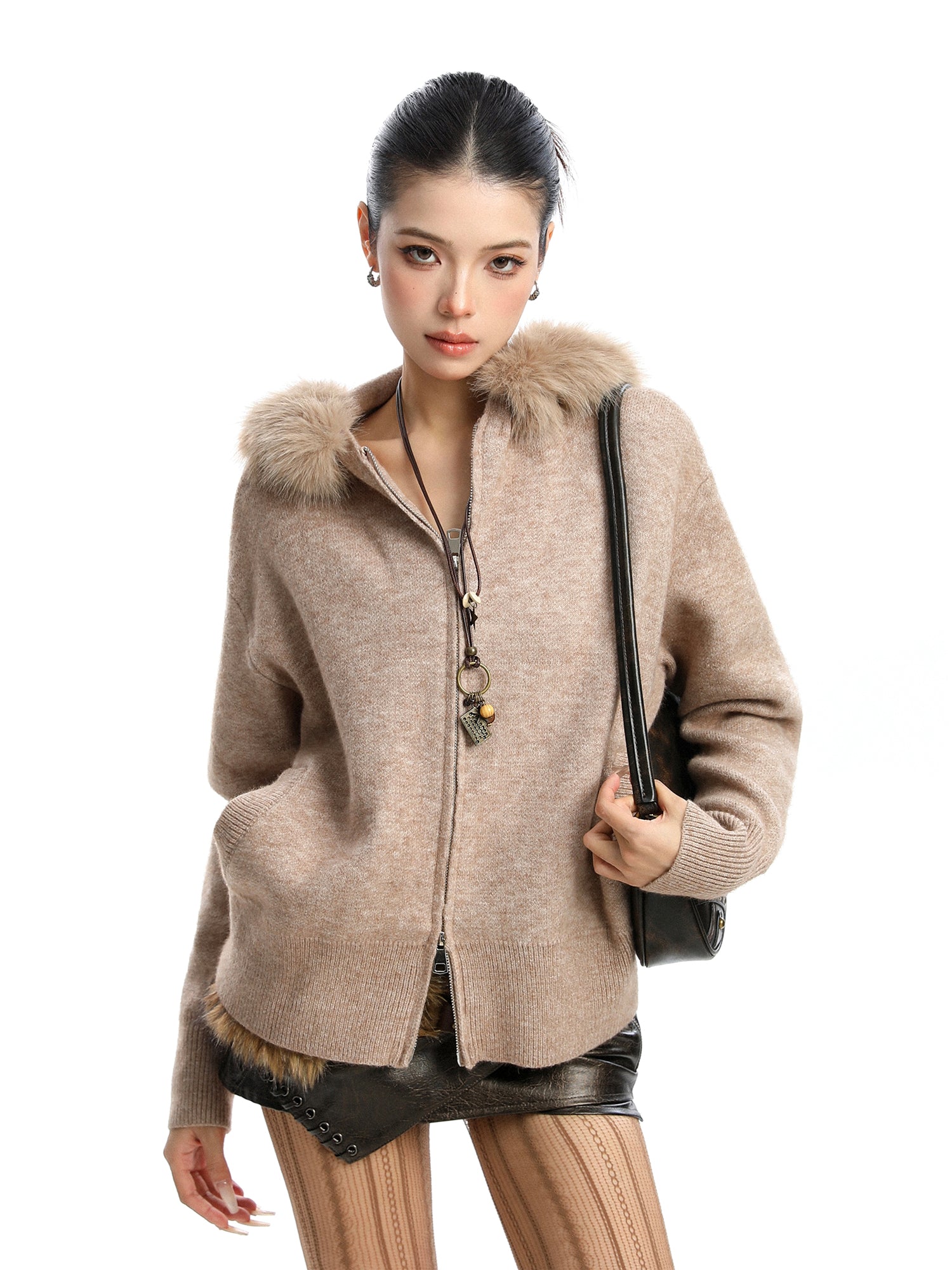 Women's Zipper Cardigan Beige Fur Collar Hood Coat