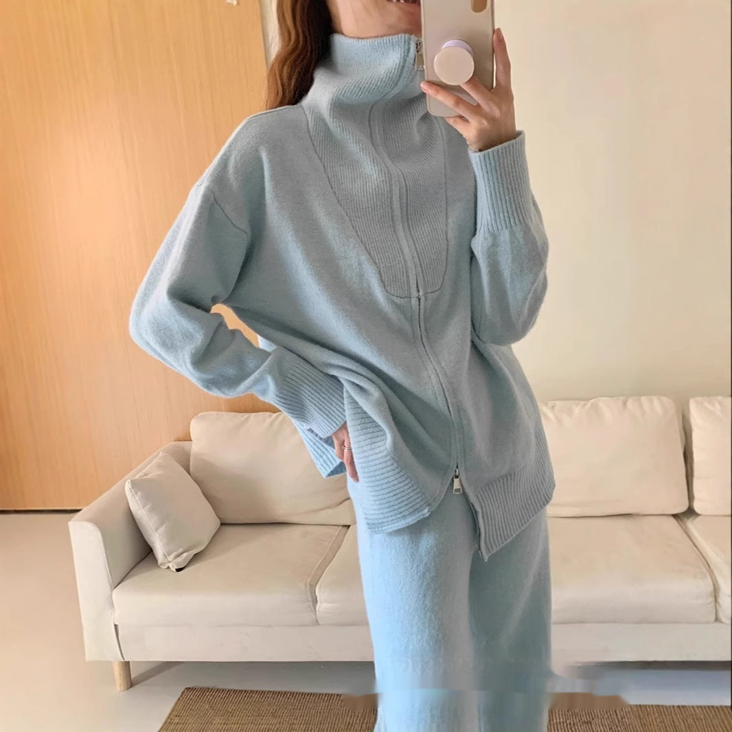 Loose Knitted Sweater Suit Women's Zipper Cardigan Outerwear Wide Leg Pants