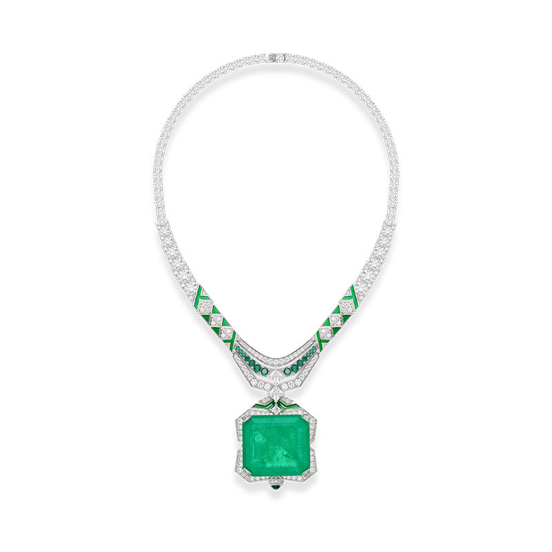 Heavy Textured Gold-Plated Square Sugar Pendant Necklace With Emerald For Women