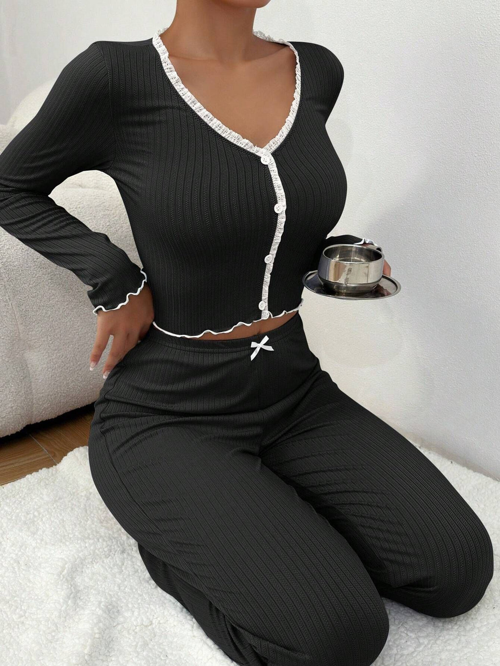 Home Wear Pajamas Long-sleeved Trousers Slim Fit Sexy Lace Pairs Long Pajama Set