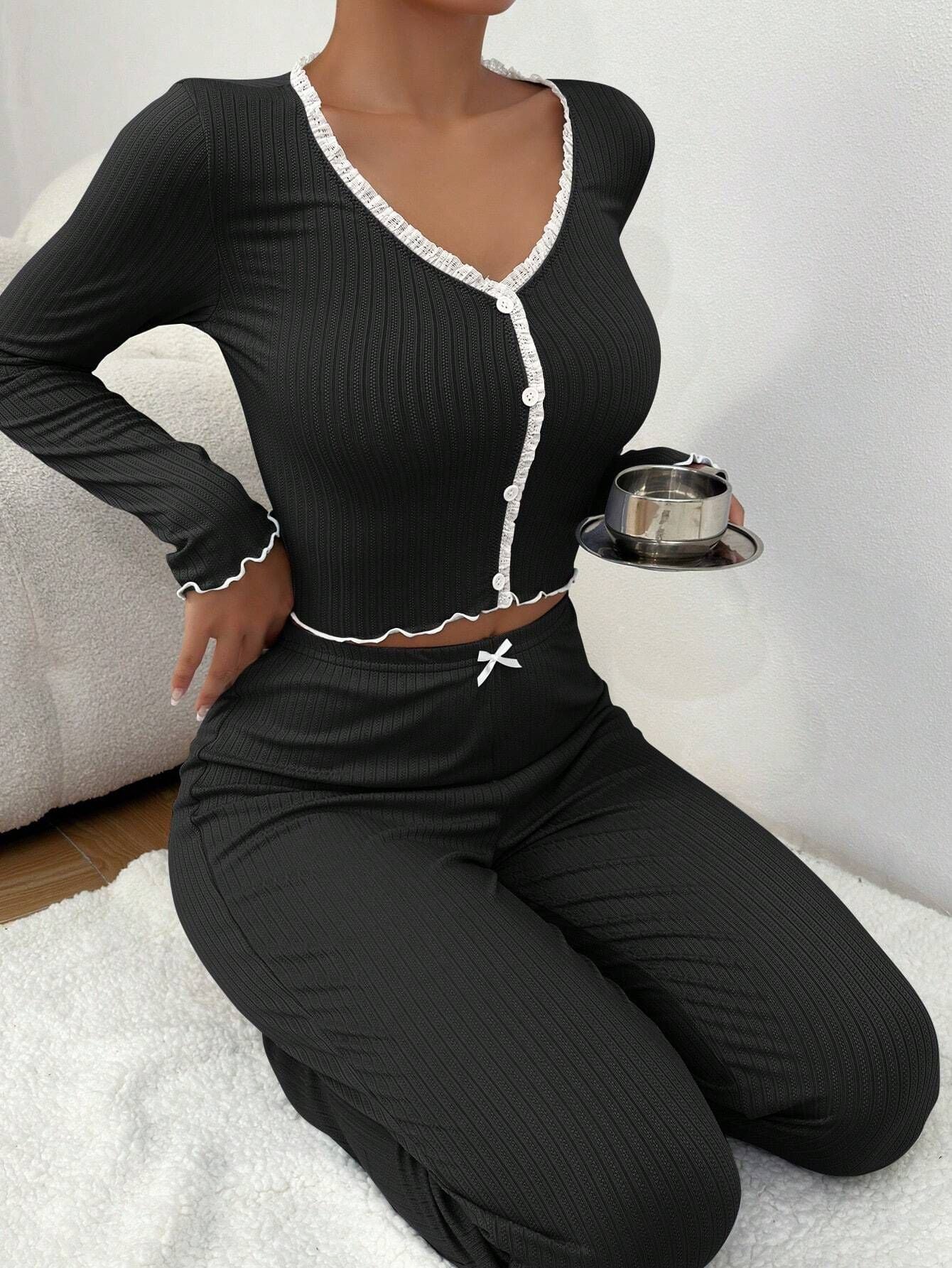Home Wear Pajamas Long-sleeved Trousers Slim Fit Sexy Lace Pairs Long Pajama Set