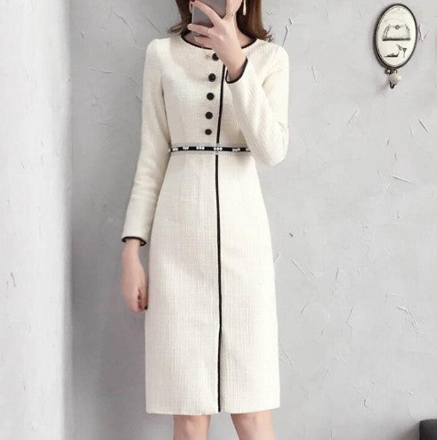 Professional dress new white thick long-sleeved bottom skirt small fragrance dress female autumn and winter
