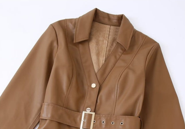 Women's Lapel Single-breasted Khaki PU Dress